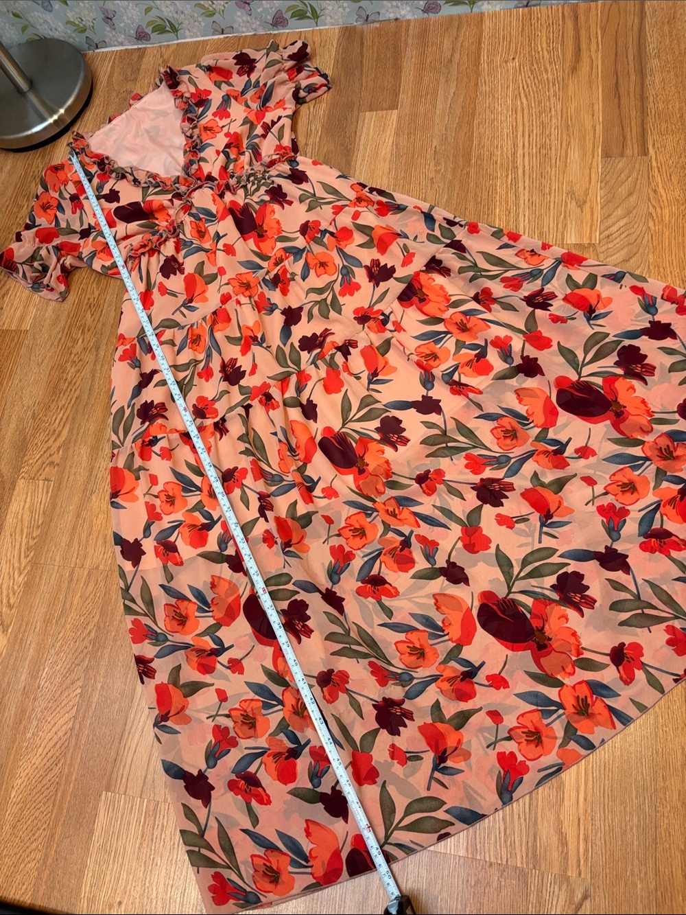 Elegant peach and coral pink burgundy floral ruffle maxi dress. Size M. - Picture 12 of 17
